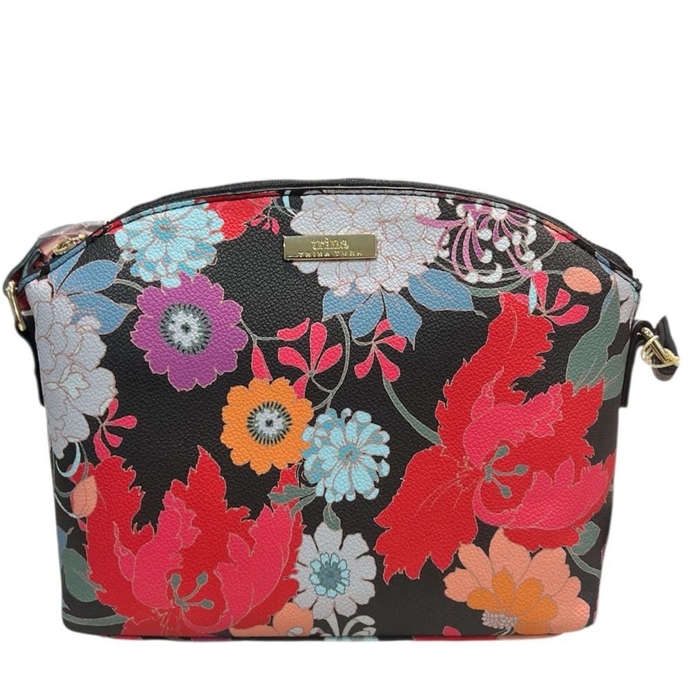 Trina Turk Black Floral Crossbody Bag with Red, Orange, Purple & Blue Flowers